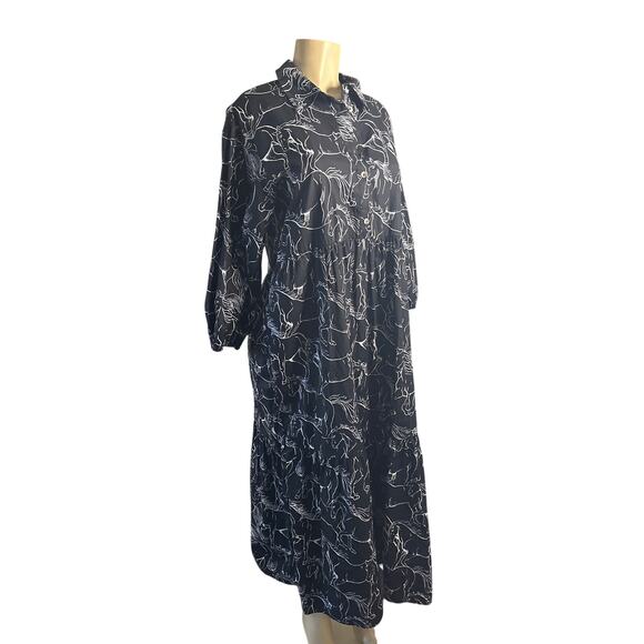 Maeve Dresses & Skirts - Women M Anthropologie Maeve Bettina Tiered Navy Horse Pony Printed Shirt Dress